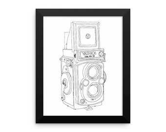 Framed in Wood Vintage Yashica Camera Original Illustration Framed Wall Art Photographers Photography Hand Drawn Camera Print