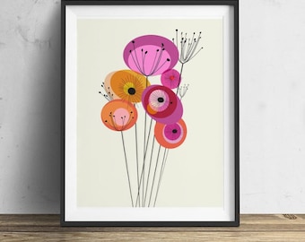 Mid Century Floral in Pink Mid-Century Modern,  Illustration Art Eames mid century floral print