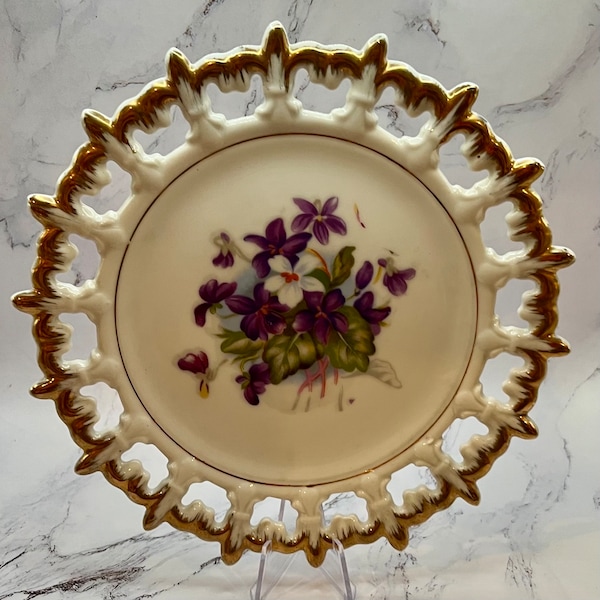 Napco, Hand Painted Collector Plate 8" Floral Design Gold Lace Edge, vintage hanging decorative plate