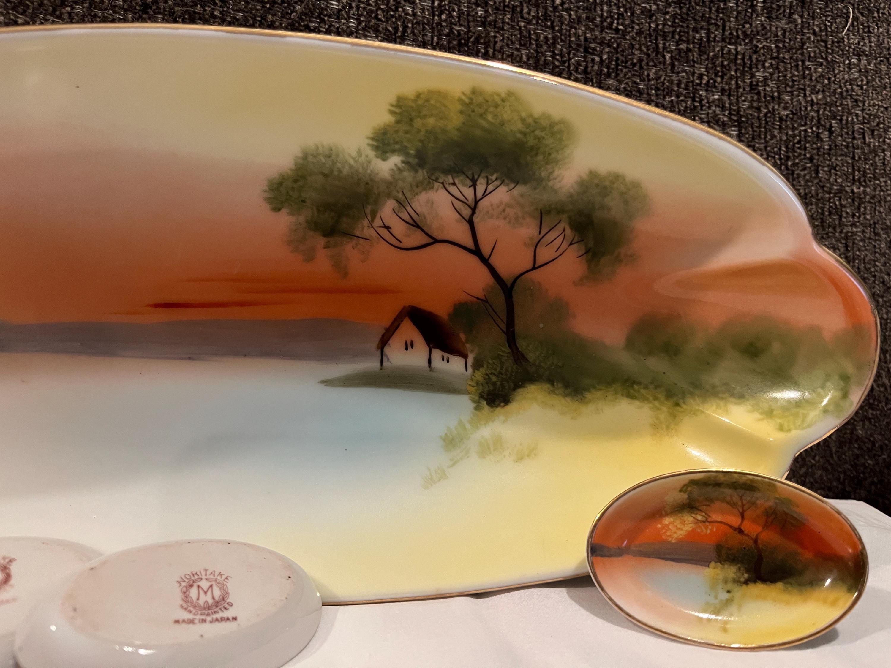 Vintage Noritake Porcelain Oblong Hand-painted Sunset Celery Dish