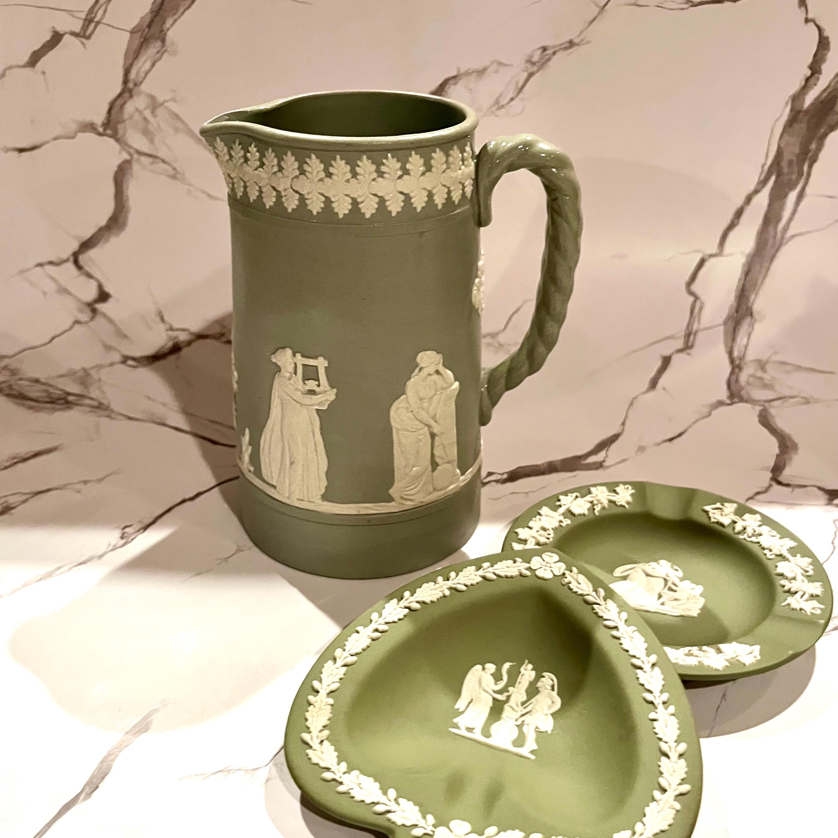 Wedgwood Set of 3 Vintage Sage Green Jasperware Pitcher Trinket Dish Ashtray Sage Green Original box Jewelry dish