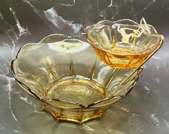 Vintage Anchor Hocking Honey Gold Chip and Dip Bowl Set with Cocktail Forks