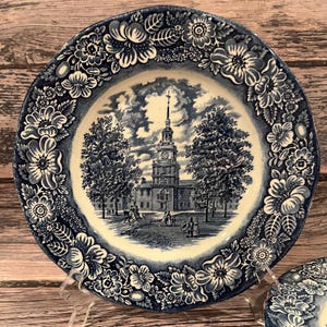 Liberty Blue Staffordshire Vintage Independance Hall Colonial Scenes Dinner Plates or decor plate wall set of 2
