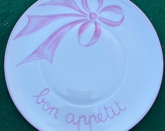 Limoges pink ribbon "Bon Appetit" dinner / serving plate, vintage