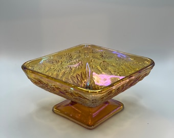 Indiana Marigold Carnival Glass, Diamond Shaped Amber Pedestal Dish