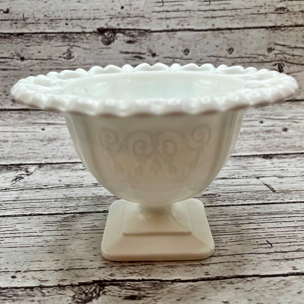 Indiana Glass Embossed Milk Glass Pedestal Bowl, Open Lace