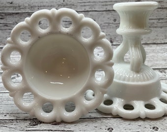 Westmoreland Milk Glass Candle Holders, Open Lace, Set of 2