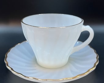 Pair of Fire King Anchor Hocking Milk Glass Swirl Coffee Tea Cups Saucer Vintage Fire King Ovenware, Made in U.S.A