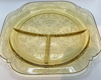 Vintage Grill Plates Federal Glass Yellow Madrid 1930s Depression Glass Antique set of 2