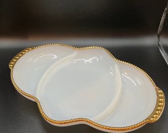 Fire King Milk White Divided Relish Dish w/ Gold Trim