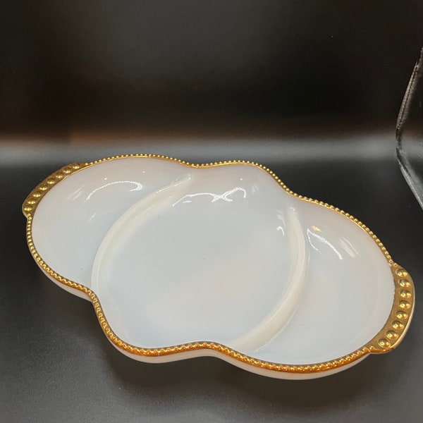 Fire King Milk White Divided Relish Dish w/ Gold Trim