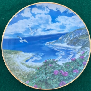 Puede incluir: Un plato de cerámica decorativo con una escena costera. El plato presenta un océano azul, una costa rocosa y un cielo con nubes blancas. Hay dos gaviotas volando en el cielo y flores rosas en primer plano.