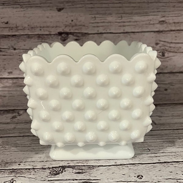 Fenton, Milk Glass, Hobnail Square Bowl / Planter w/ Scalloped Rim