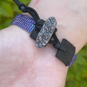 Miyuki Glass Beaded Bracelet With Sterling Silver and Leather Closure In Purple Hexagon Beads