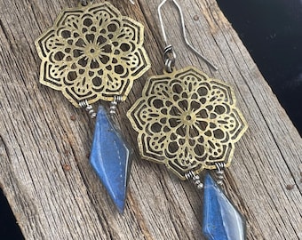 Sterling Silver and Brass  Mixed Metal Earrings With Labradorite Drops