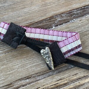 Loomed Tila Bead Bracelet: Pink, White, Black Leather, With Pewter Heart Button