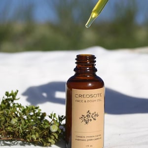 May include: A brown glass bottle of Creosote Face & Body Oil with a dropper dispensing oil. The label includes the text "CREOSOTE FACE & BODY OIL" and "1 fl oz". A sprig of green foliage is in the foreground.
