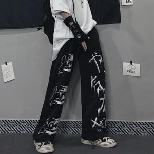 Harajuku Streetwear Sweatpants | Anime Printed Wide Leg Pants | Men's Casual Sport Trousers | Oversized Loose Fit Black Fashion Bottoms