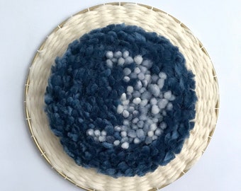 Indigo Moon Wool Wall Hanging – Handwoven Fiber Art, 10" Round
