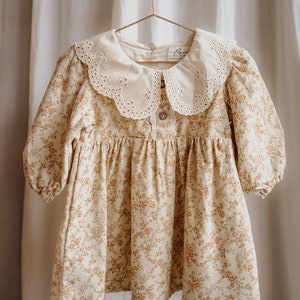 Baby Girls Floral Cotton Corduroy Lace Collar Long Sleeve Dress | Vintage | Heirloom | Birthday | Special Occasion