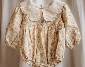 Baby Girls Corduroy Romper: Floral Cotton, Vintage Lace Collar, Long Sleeve