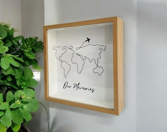 Personalized Travel Ticket Shadow Box: World Map Keepsake, Memorial Birthday Present, Gift for Couples, Air Ticket Stud Collector, Trips