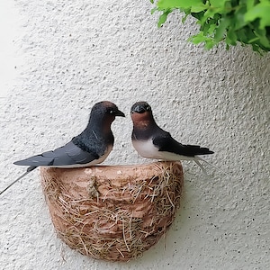 Puede incluir: Dos pájaros blanco y negro posados en un nido de pájaro tejido de color marrón. El nido está montado en una pared blanca.