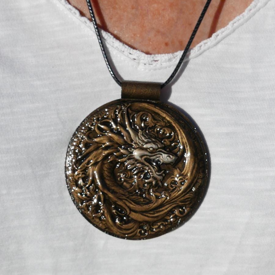 Médaillon Laiton Dragon - Diamètre 3,7 Cm, Bijou Fantasy Occasion
