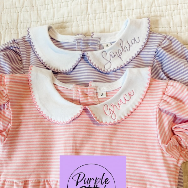 Custom Embroidered Name Peter Pan Collared Striped Bubble Toddler Clothes