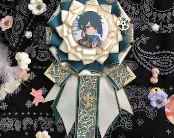 May include: A green and white ribbon with a gold trim and a circular pin featuring an anime character with green hair and a blue outfit. The pin is surrounded by a white background with gold accents.