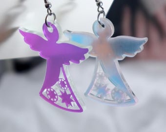 Pendientes de ángel iridiscente, recuerdo religioso de fe con nombre personalizado, regalos de Navidad