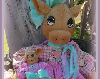 Primitive raggedy 23" Prissy & 9" Pork farm pig cloth dolls Epattern Instant Download