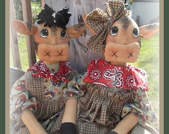 Primitive raggedy 23" Bessie and Bertis 174 farm cows cloth doll EPATTERN INSTANT DOWNLOAD