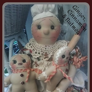 Primitive Raggedy 27" Gingerbread gal with 2 8" babies PATTERN 180 instant download epattern