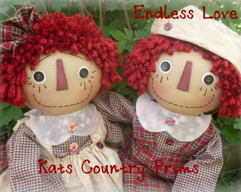 Primitive Raggedy Ann /& Andy style 14/" doll Pattern #155 Itsy Bitsy Raggedies