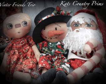 Primitive Raggedy Holiday Winter Friends Trio INSTANT DOWNLOAD Epattern 136