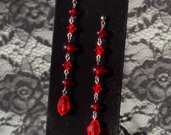 Red Long Drop Post Earrings - Vampire, Romantic Goth, Gothic | Stainless Steel, Crystal, Glass