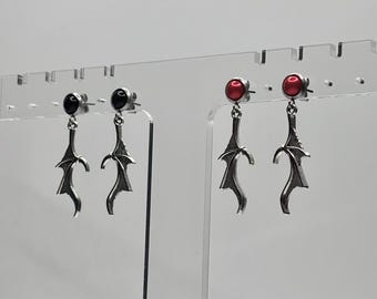 Silver Bat Earrings - Black and Red