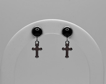 Black Goth Cross Drop Earrings | Stainless Steel