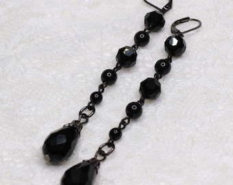 Black Gothic Long Drop Earrings - Vampire, Dark Goth | Stainless Steel, Nickel Free, Hypoallergenic
