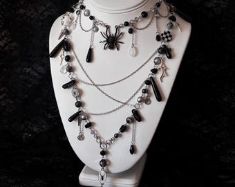 Gothic Beaded Layered Black Spider Choker Necklace