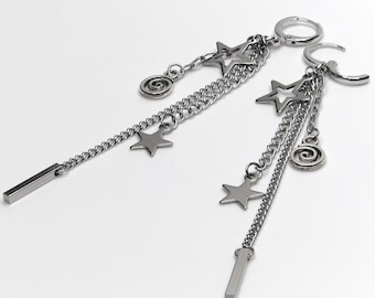 Silver Star Swirl Chain Huggie Earrings - Alt Punk Jewelry, Stainless Steel
