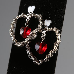 romantic red heart hoop earrings: red crystal glass heart, wire & chain wrapped heart hoop (barbed wire look), heart post earrings. glass, stainless steel. description: red goth, heart earrings, red earrings, gothic earrings, valentines earrings