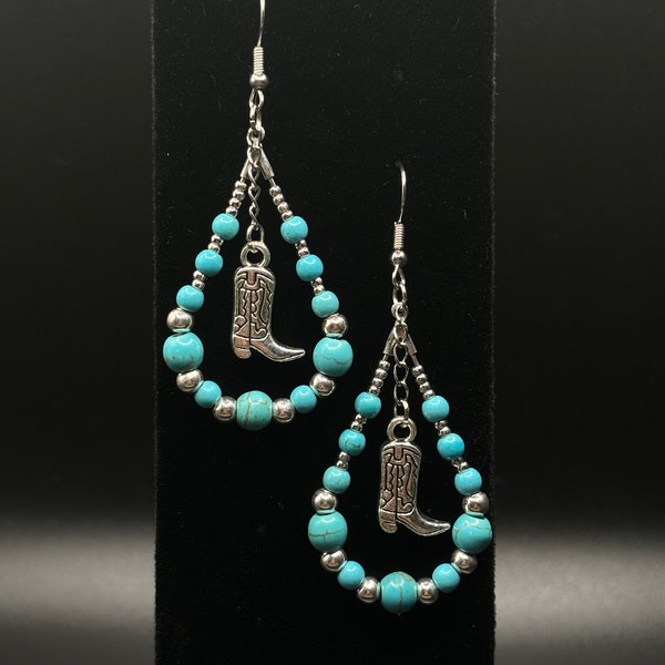 Western Teardrop Hoop Earrings with Dangle Cowboy Boot Charm and Imitation Turquoise Beads