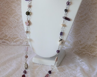 Long Beaded Gemstone Necklace | Whimsigoth Jewelry, Goth Fairycore | Amethyst, Clear Quartz, Pearl, Shell