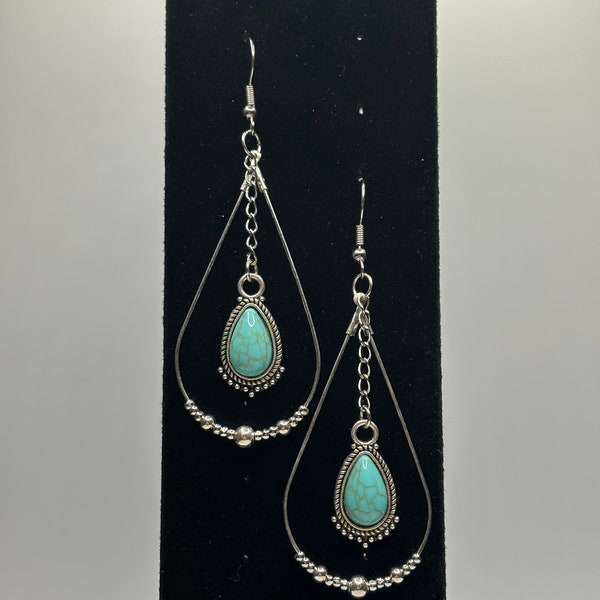 Southwestern Earrings | Silver Teardrop Earrings | Hoop Earrings | Resin Turquoise Pendant