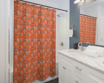 グルーヴィーなストライプ柄の布製シャワーカーテン。1960年代と70年代