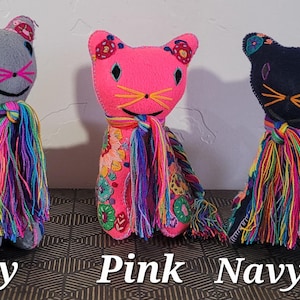 Handmade Mexican Stuffed Animals - Embroidered Cat Animalito - Cat Gift- Kitten - Unique Nursery Gift - One of a Kind Plush - Valentines day
