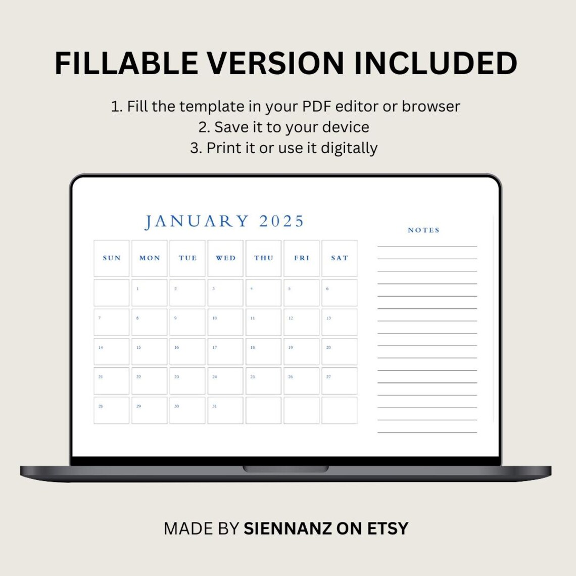 2025 Monthly Calendar With Notes - Etsy