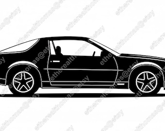 May include: Black and white side profile illustration of a classic sports car. The car features a sleek, low-profile design with a two-door coupe body style. The wheels have a star-shaped design.